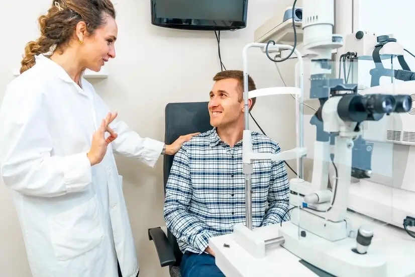 Hombre con retinopatía diabética hablando con un oftalmólogo antes de hacerse estudios.