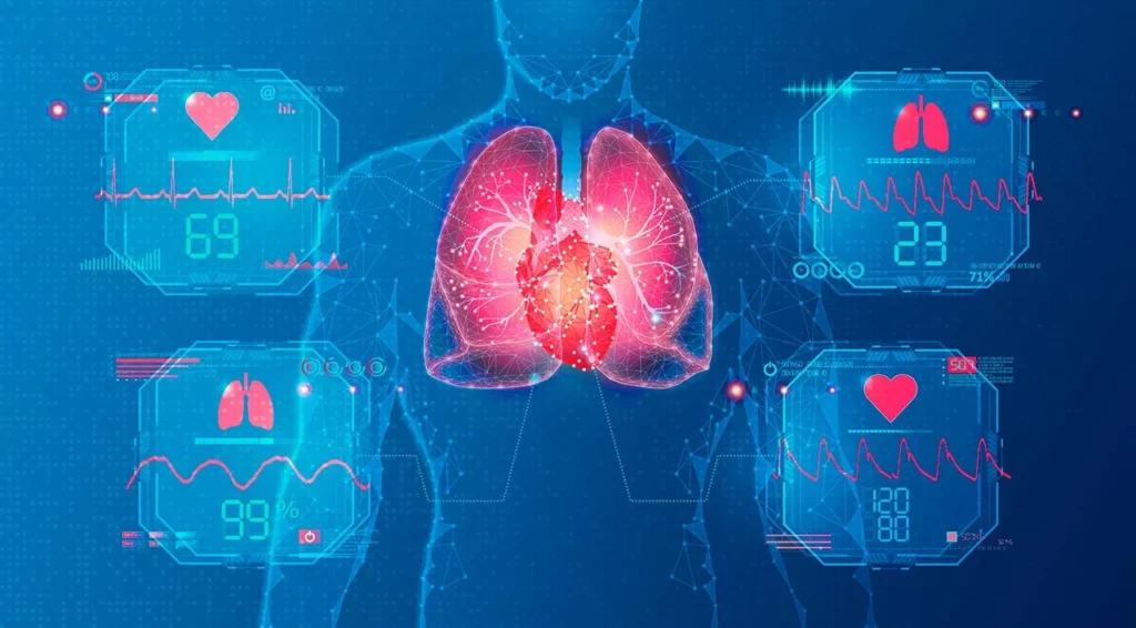 Dibujo de un torso humano con pulmones y corazón, demostrando ejemplos de estudios de electrofisiología.