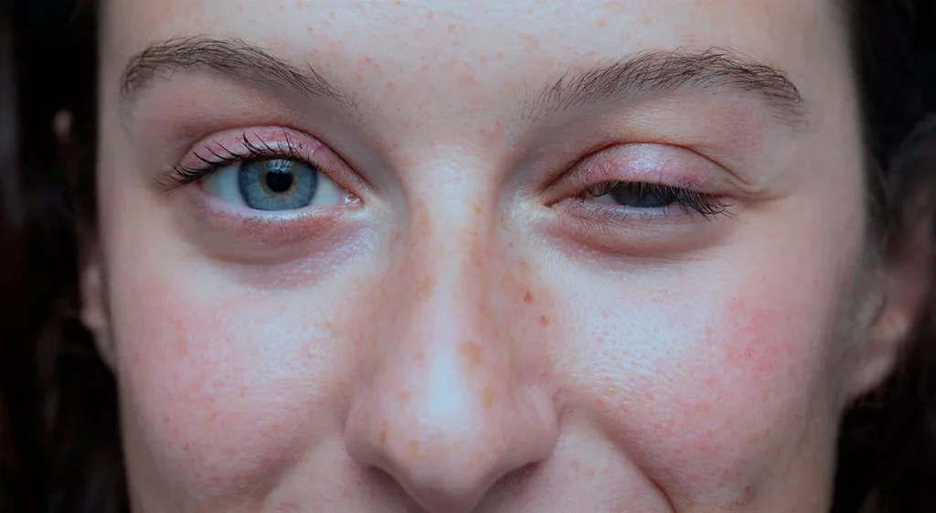 Mujer con Miastenia gravis, causa que uno de sus párpados se caiga en comparación del otro ojo.