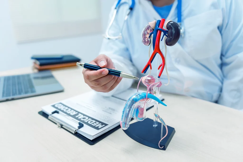 Médico con un modelo del sistema urinario de un hombre explicando qué investigará con el procedimiento de cistoscopia.