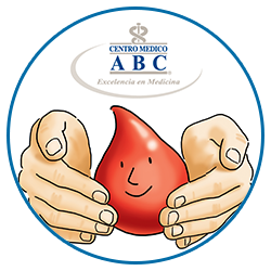 Diseño de una gota de sangre entre dos manos representando la donación de sangre.