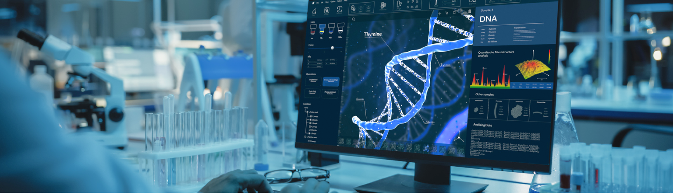 In a clinical laboratory, a precision medicine specialist analyzes genetic data using advanced software on a desktop computer.