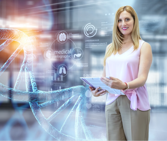 Precision medicine specialist holding documents and looking at the camera, with a digital DNA visualization in the background, representing advanced health technology.