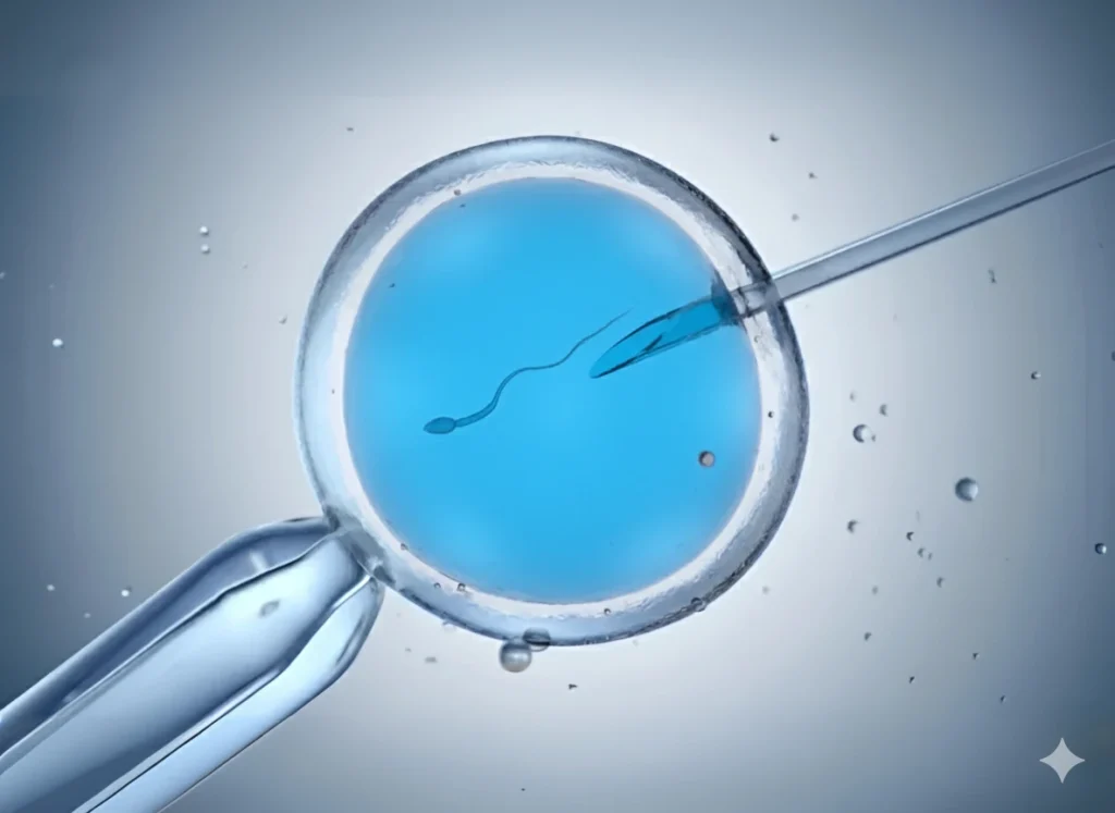 Imagen que representa la fertilización in vitro, mostrando como se inyecta un espermatozoide a un óvulo, para la fecundación.
