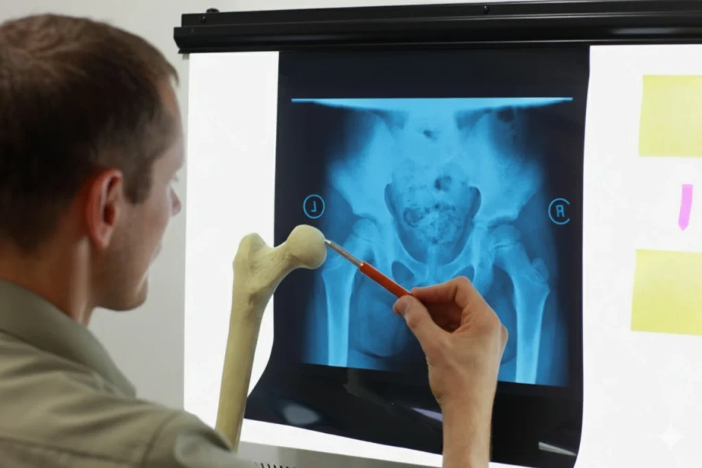 Médico analizando si hay pseudoartrosis mediante la revisión de una radiografía de cadera de un paciente.