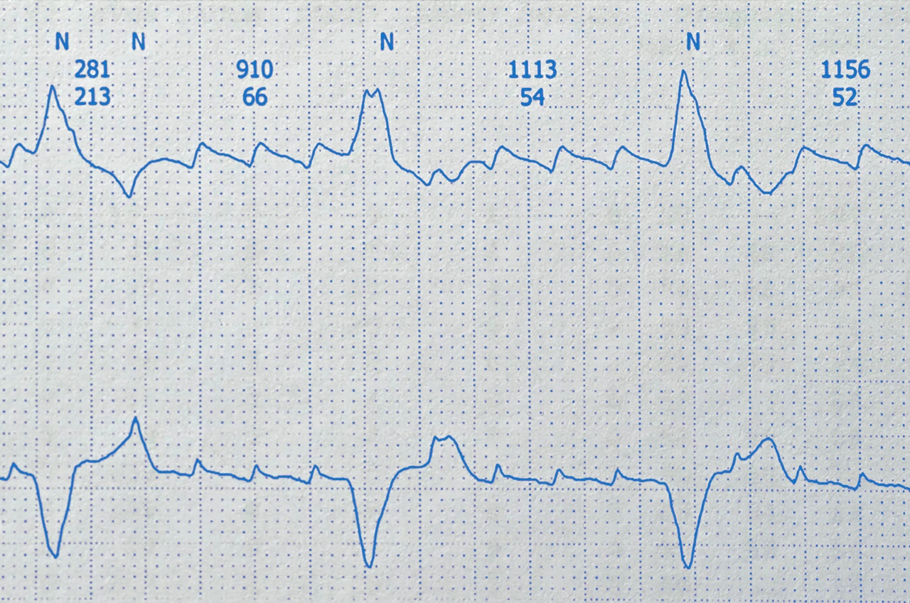 Resultados de un electrocardiograma impreso, en donde se identifica un aleteo auricular.