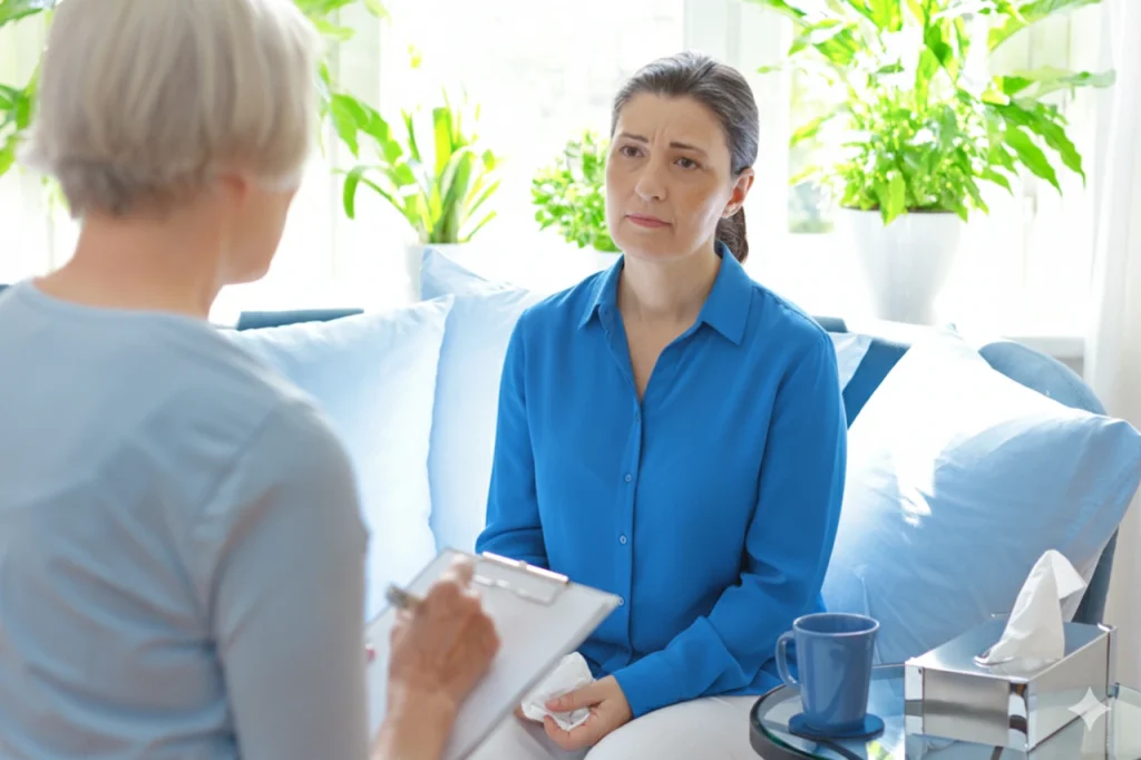 Mujer, con síndrome de abstinencia, en consulta con su terapeuta, quien está tomando notas.