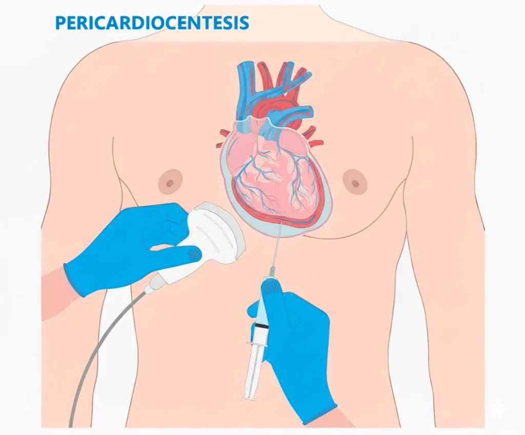 Dibujo que representa cómo se realiza la pericardiocentesis con ecocardiograma para extraer el líquido pericárdico que se está almacenando en el corazón. Dibujo que representa cómo se realiza la pericardiocentesis con ecocardiograma para extraer el líquido pericárdico que se está almacenando en el corazón.
