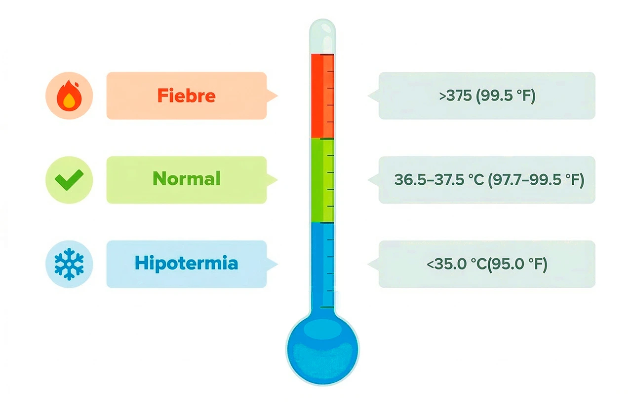 Ilustración que aborda la fiebre en niños, donde se muestra el rango desde la hipotermia hasta la fiebre.