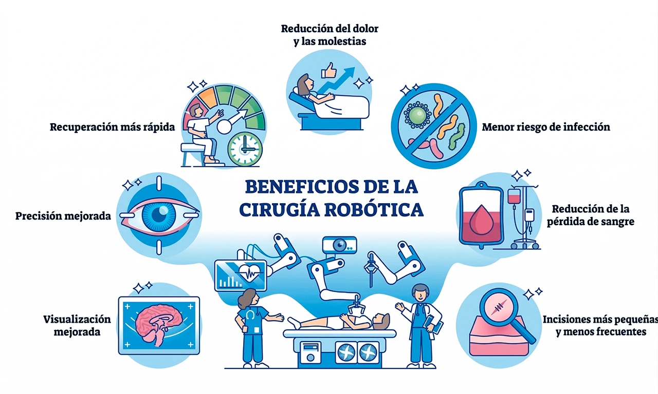 Ilustración que representa los diversos beneficios que brindan utilizar Robots quirúrgicos para ciertos tipos de cirugías. Ilustración que representa los diversos beneficios que brindan utilizar Robots quirúrgicos para ciertos tipos de cirugías.