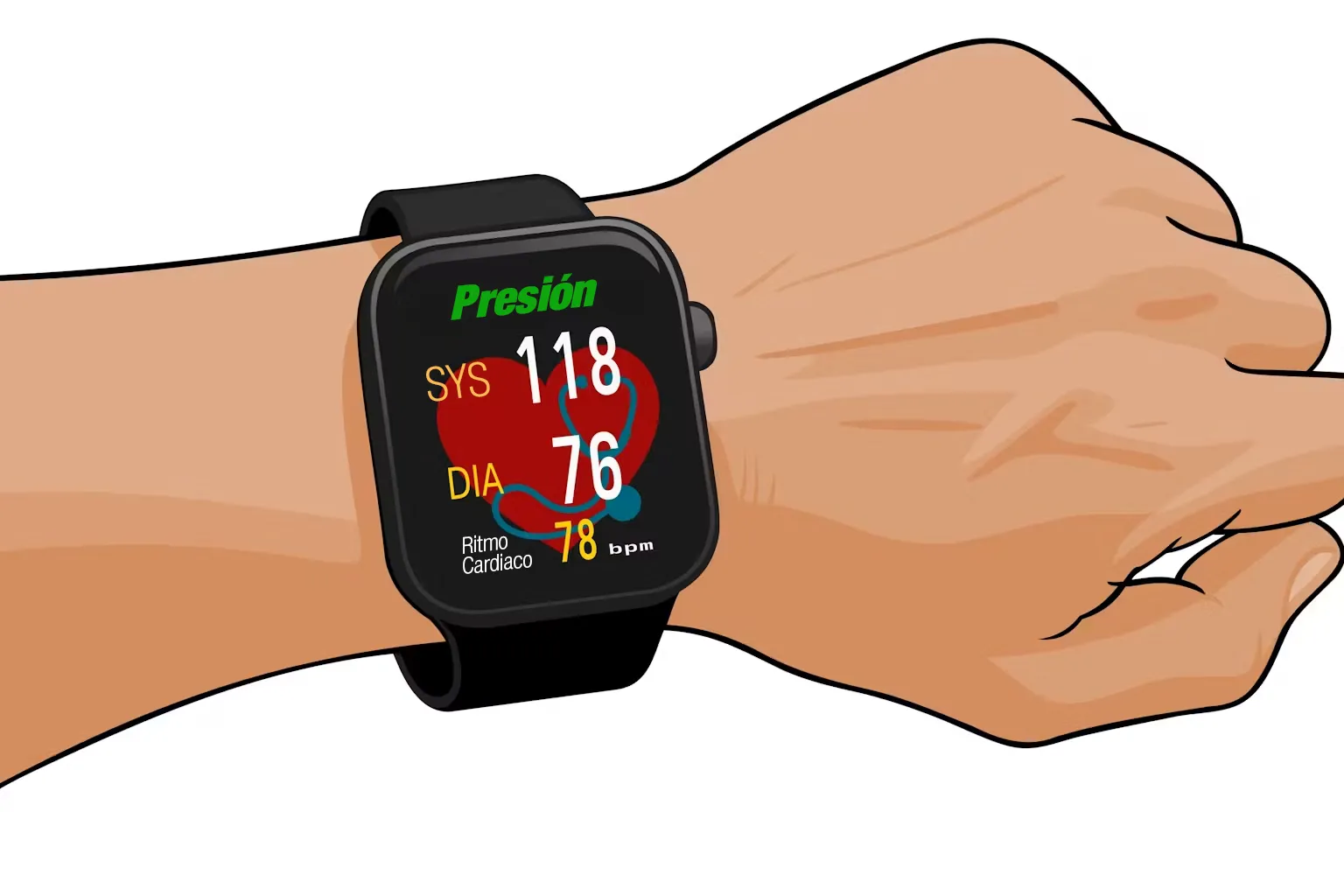 Ilustración que representa una aplicación para checar la presión a través de un reloj inteligente. Ilustración que representa una aplicación para checar la presión a través de un reloj inteligente.