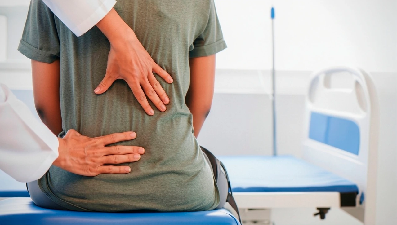 Ortopedista revisando la zona lumbar de un paciente para identificar la causa de dolor en la espalda baja.