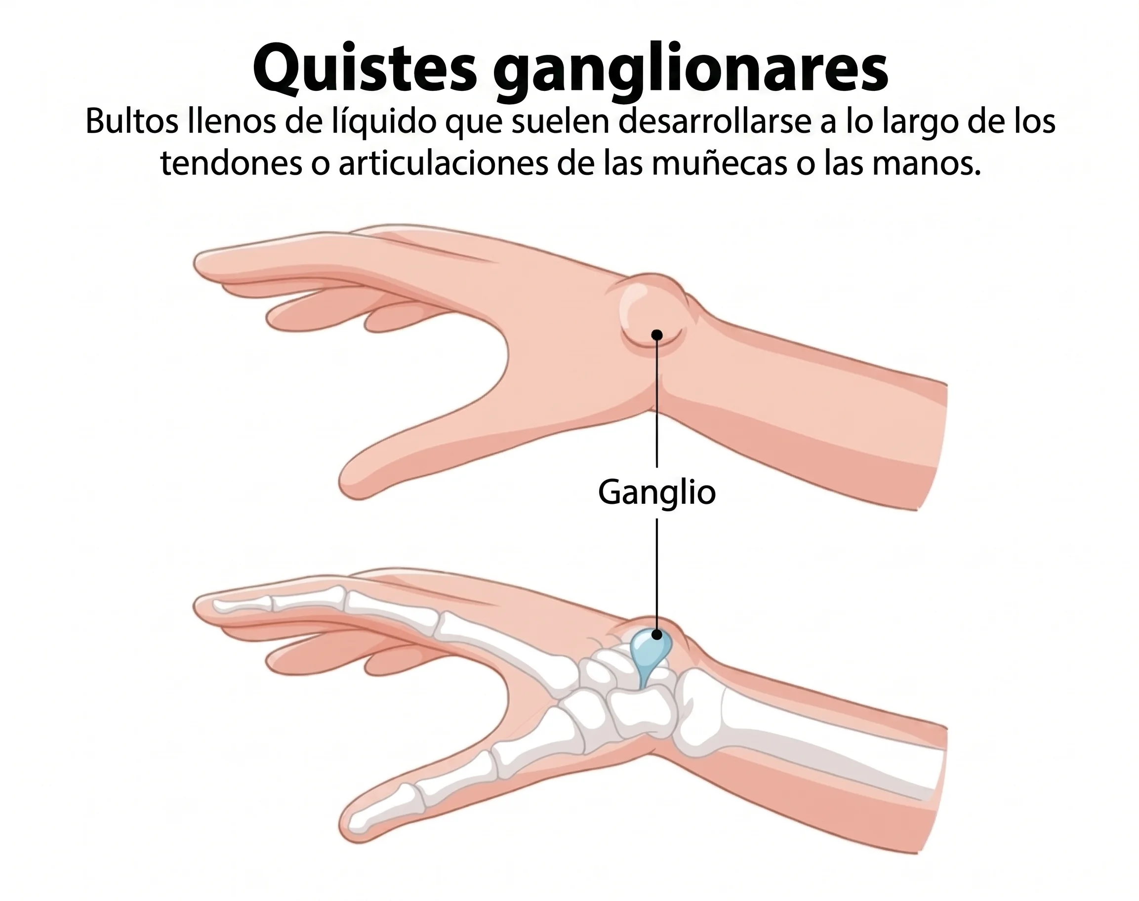 Ilustración que ejemplifica en qué es un quiste ganglionar y cómo se presenta en una muñeca de la mano. Ilustración que ejemplifica en qué es un quiste ganglionar y cómo se presenta en una muñeca de la mano.