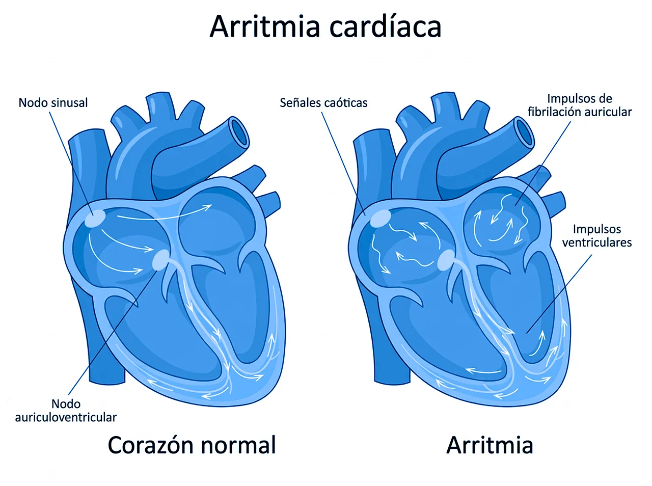 Diagrama médico que compara la actividad eléctrica de un corazón normal con un ritmo de arritmia cardiaca, mostrando las señales caóticas típicas de esta condición.