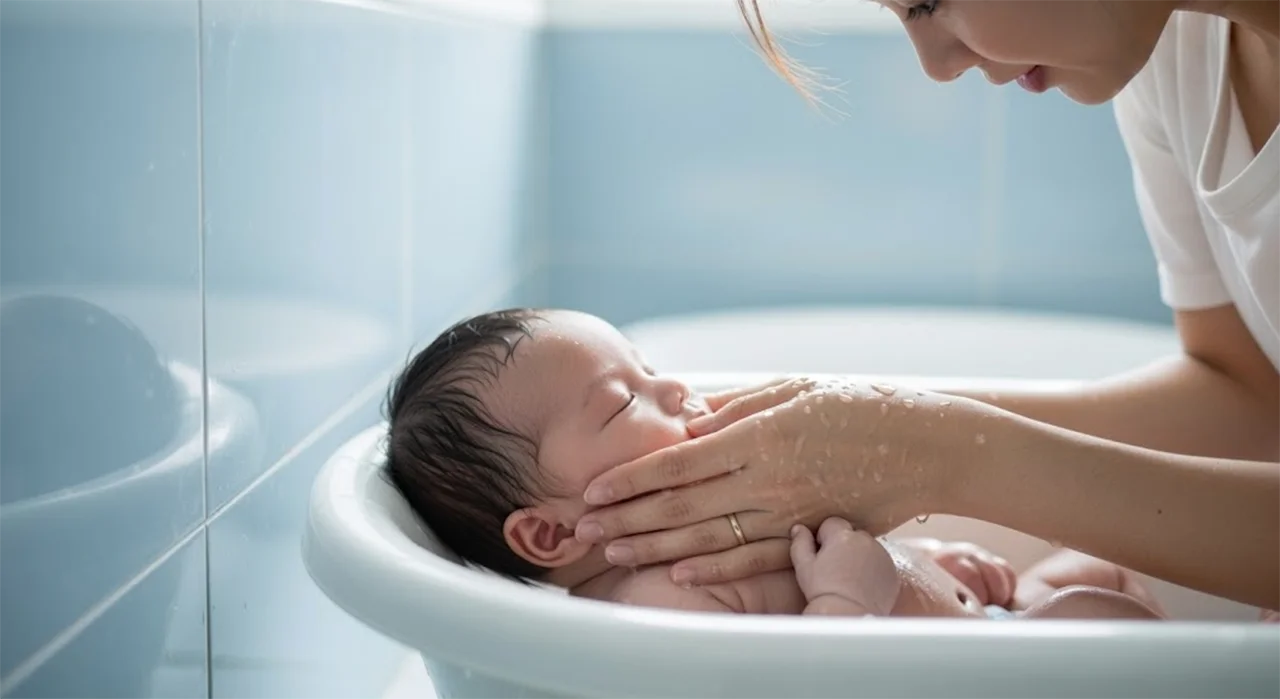 Mujer junto a su bebé en una tina, para representar la diferencia entre depresión post parto y el baby blue.