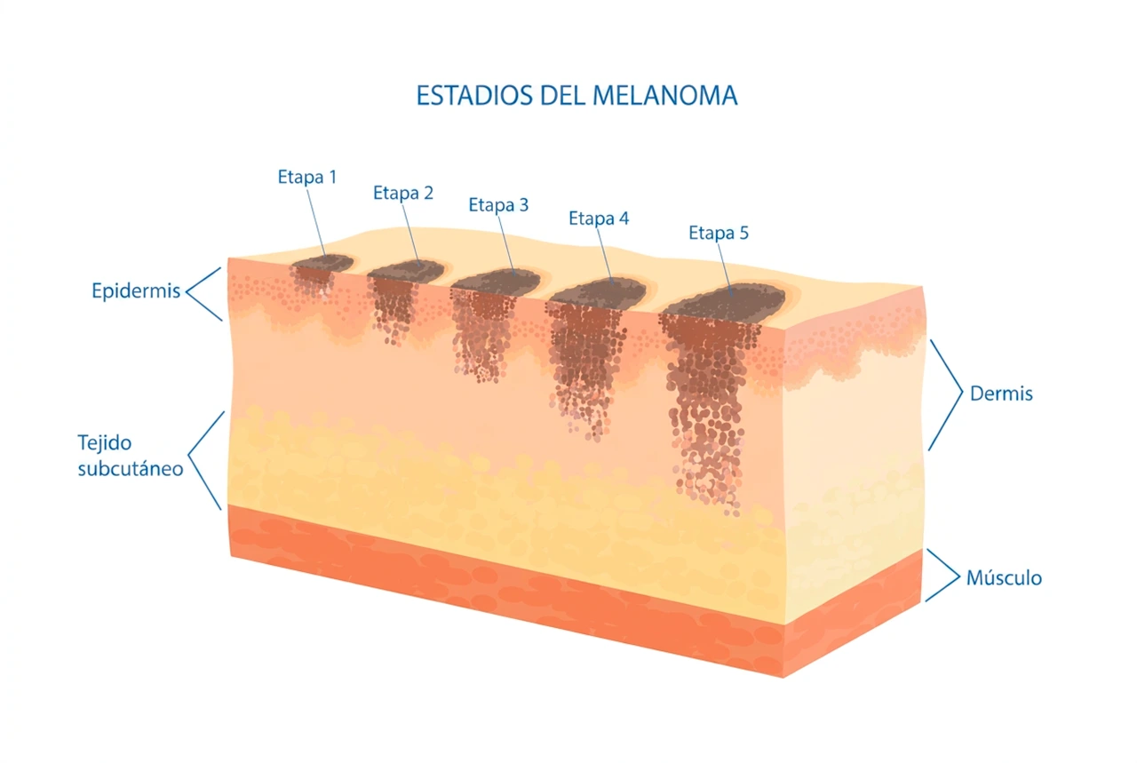 Ilustración que muestra como el melanoma inicial puede evolucionar y afectar el tejido hasta el estadio 5. Ilustración que muestra como el melanoma inicial puede evolucionar y afectar el tejido hasta el estadio 5.