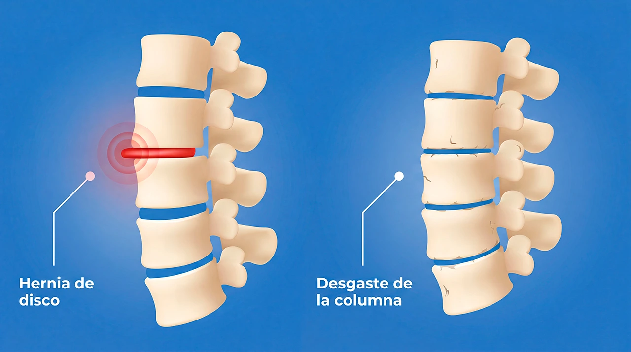 Ilustración que muestra la hernia discal y el desgaste, dos situaciones que llegan a requerir de una operación de columna.