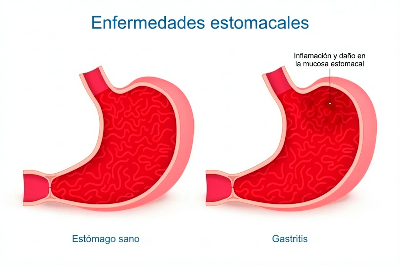 Ilustración de cómo se ve un estómago sano y uno enfermo, para abordar lo que es el ratamiento para la gastritis.