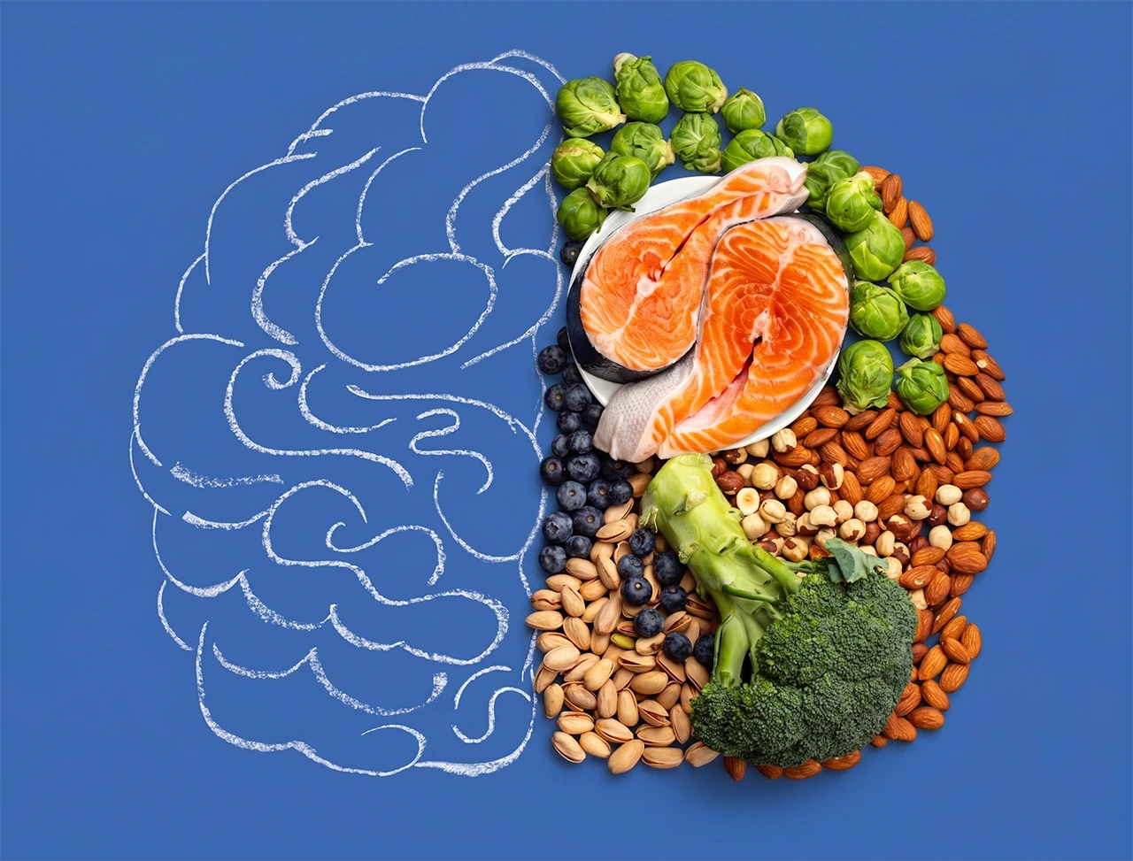 Ilustración en donde se muestra en la alimentación y bienestar los alimentos que ayudan al cerebro. Ilustración en donde se muestra en la alimentación y bienestar los alimentos que ayudan al cerebro.