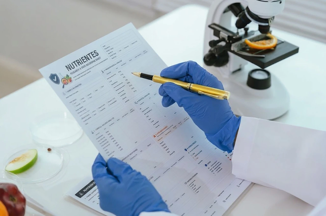 Especialista analizando los nutrientes relacionados con la alimentación y el bienestar de un paciente en un documento impreso. Especialista analizando los nutrientes relacionados con la alimentación y el bienestar de un paciente en un documento impreso.