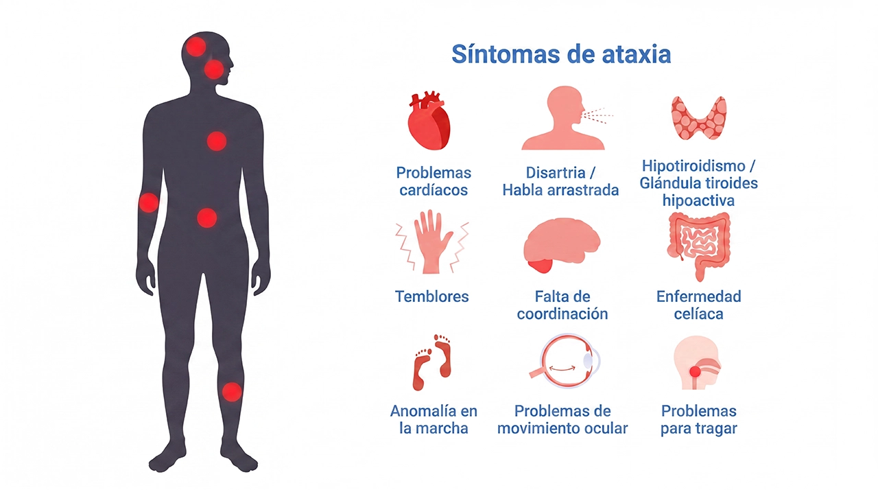 Ilustración que ejemplifica los diferentes síntomas que se pueden presentar en la ataxia.