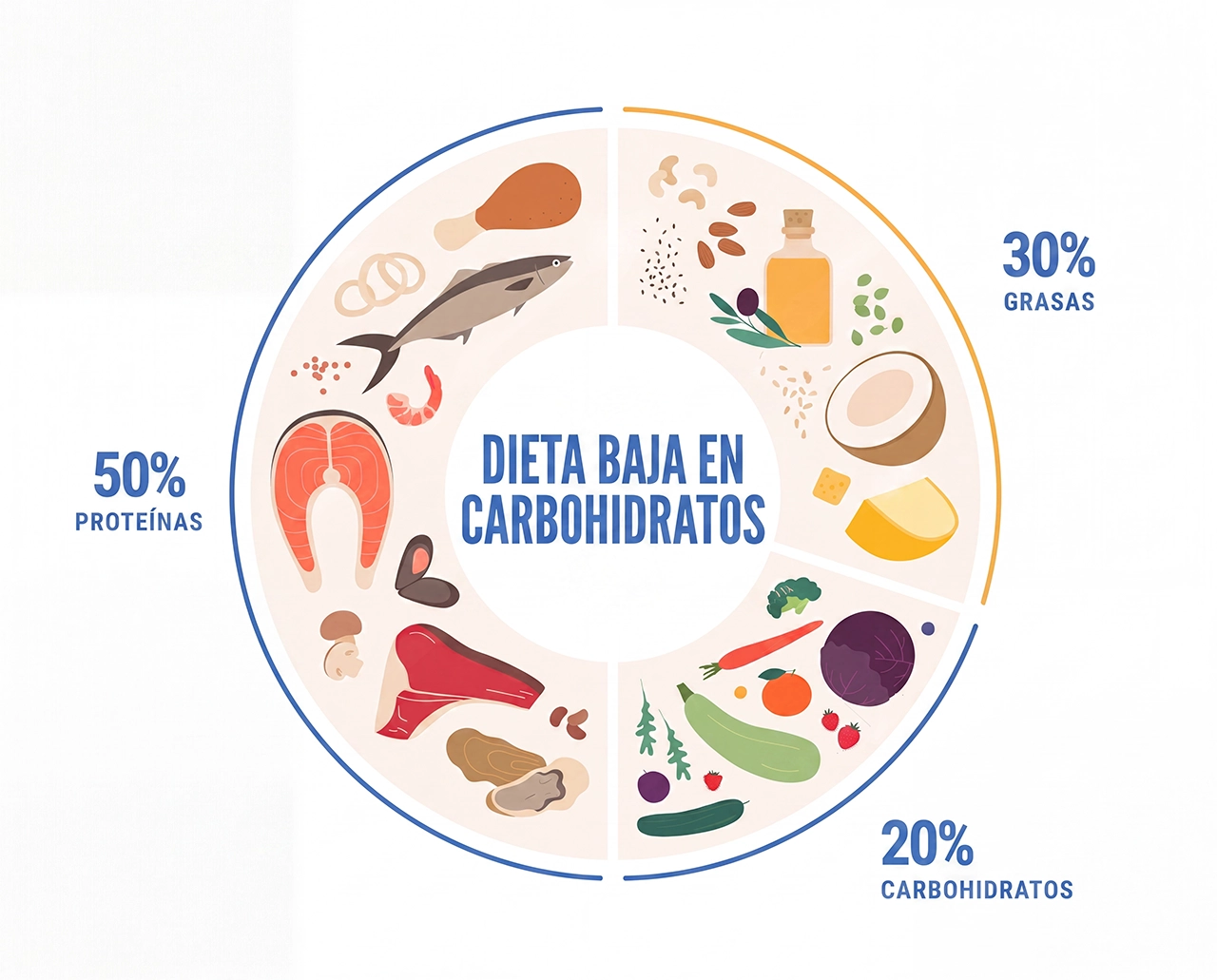 Ilustración que presenta los rangos, relativos, del tipo de alimentos aceptados en una dieta baja en carbohidratos.