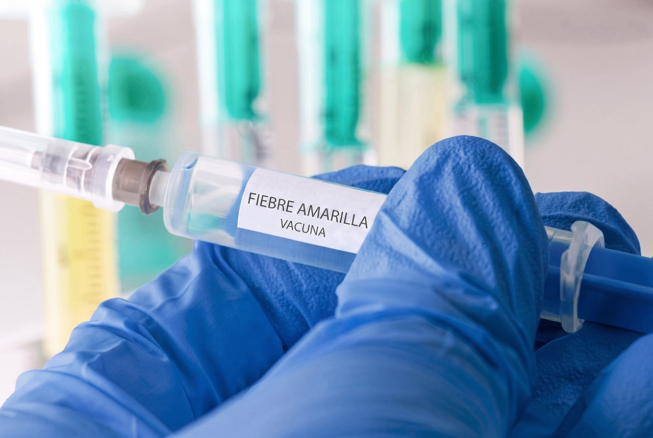 Foto de un frasco y una jeringa para administrar la vacuna de la fiebre amarilla.