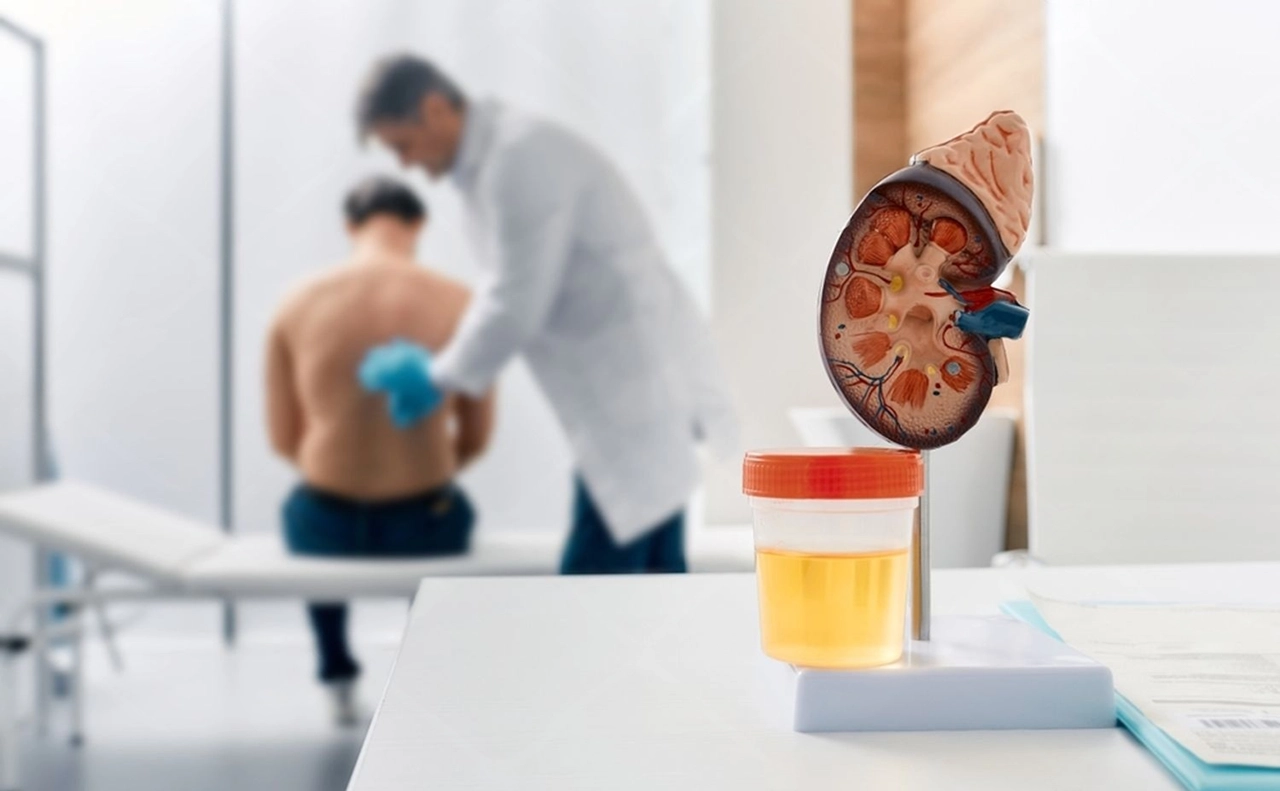 Médico revisando a un paciente de trasplante renal al fondo de la imagen, en primer plano se ve un modelo anatómico de riñón y una muestra de orina.