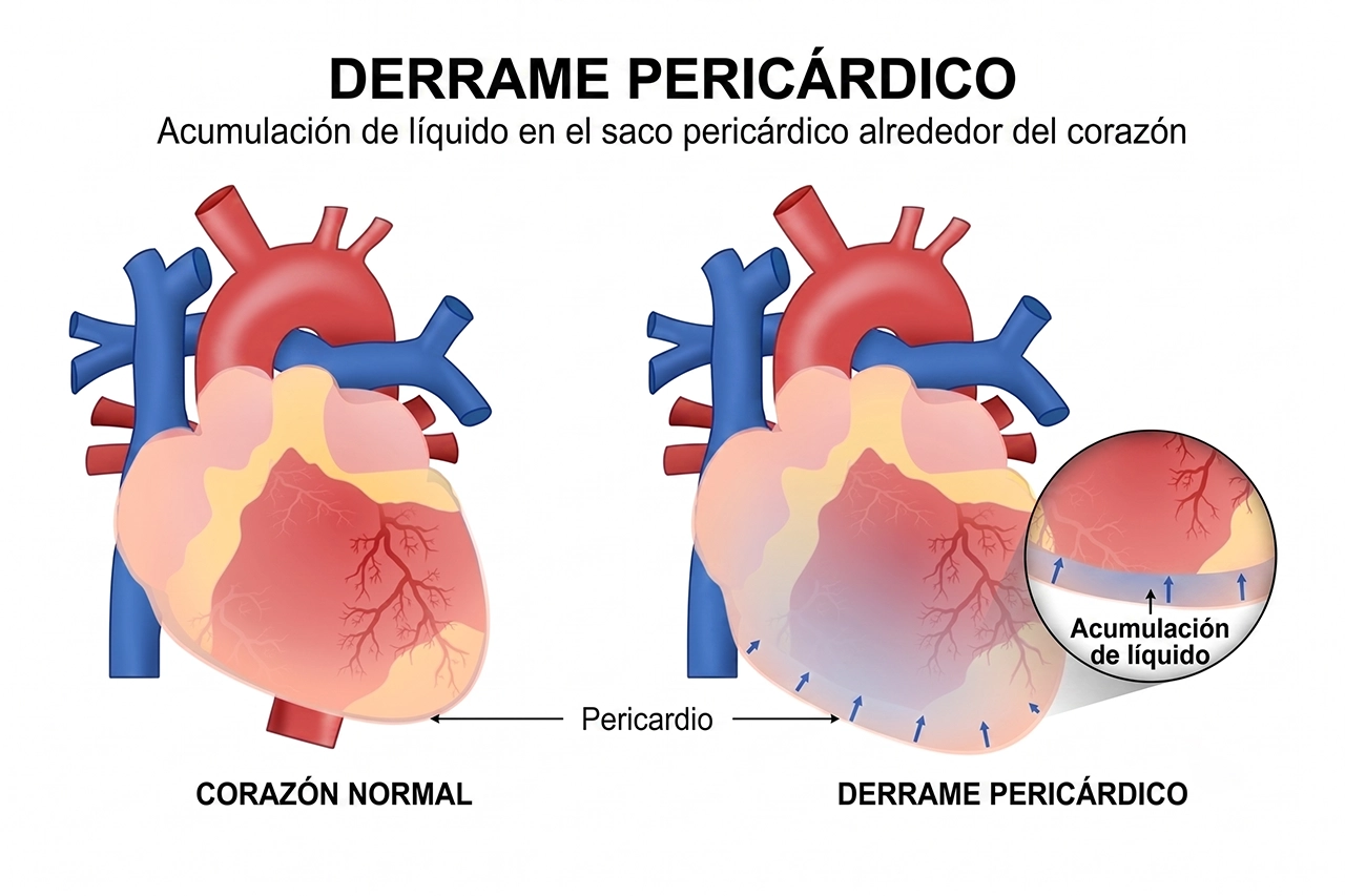 Ilustración que representa cómo se visualiza con corazón con derrame pericárdico y uno normal. Ilustración que representa cómo se visualiza con corazón con derrame pericárdico y uno normal.