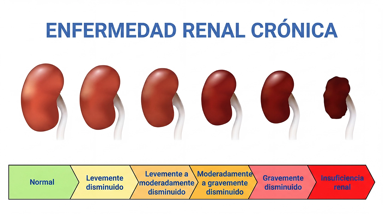 Ilustración que representa en la enfermedad renal crónica la evolución en el daño del riñón. Ilustración que representa en la enfermedad renal crónica la evolución en el daño del riñón.