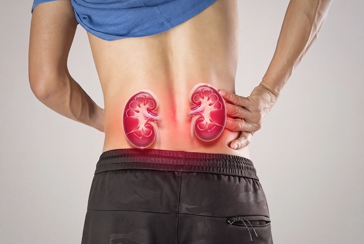 Mujer de espaldas, con ilustraciones de riñones para ejemplificar los síntomas de la enfermedad renal crónica. Mujer de espaldas, con ilustraciones de riñones para ejemplificar los síntomas de la enfermedad renal crónica.