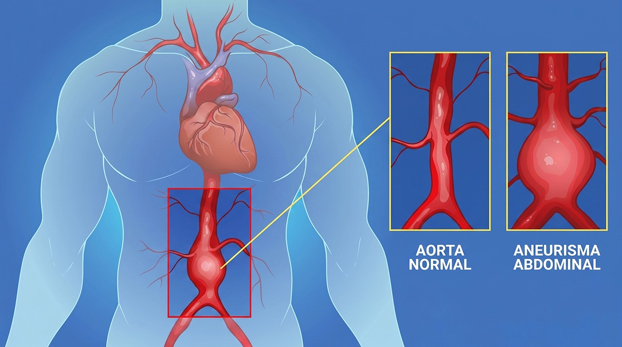 Ilustración que representa cómo se visualiza un aneurisma abdominal, en comparación de una aorta normal.