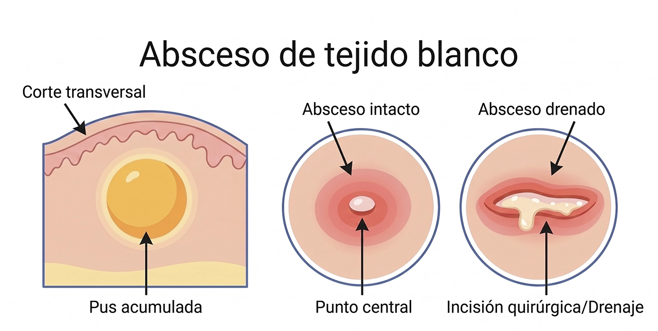 Ilustración médica mostrando el corte transversal de un absceso de tejido blando, uno intacto y otro drenando después de una incisión.