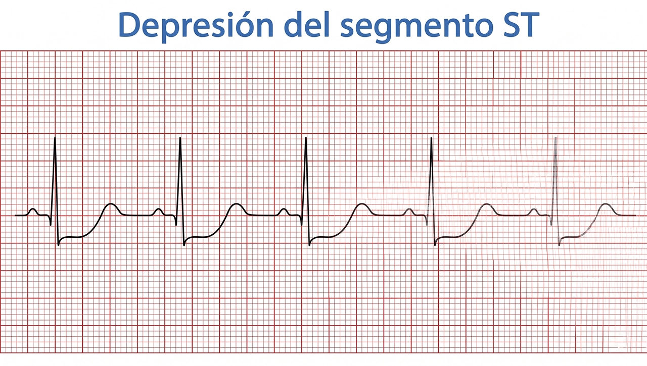 Resultados de un electrocardiograma donde se visualiza una angina de pecho debido a la depresión del segmento ST.