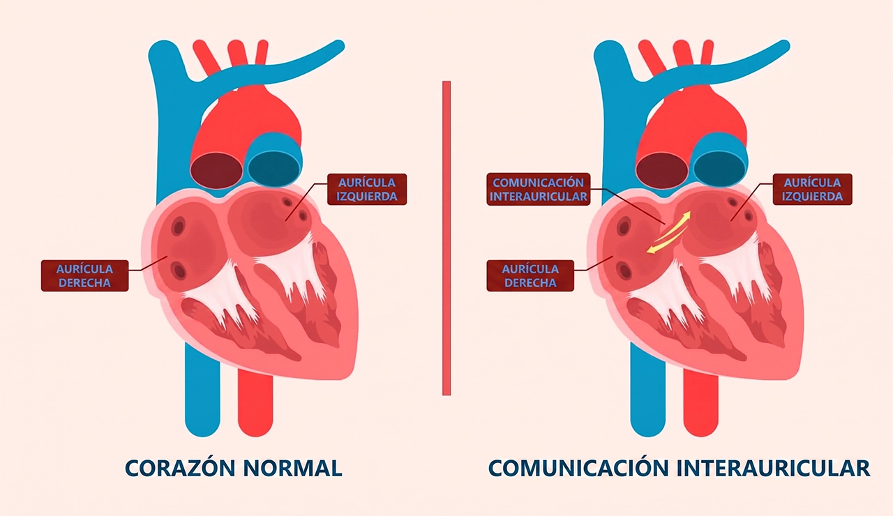 Ilustración para explicar la comunicación interauricular, mostrando un dibujo de un corazón normal y uno con el defecto.