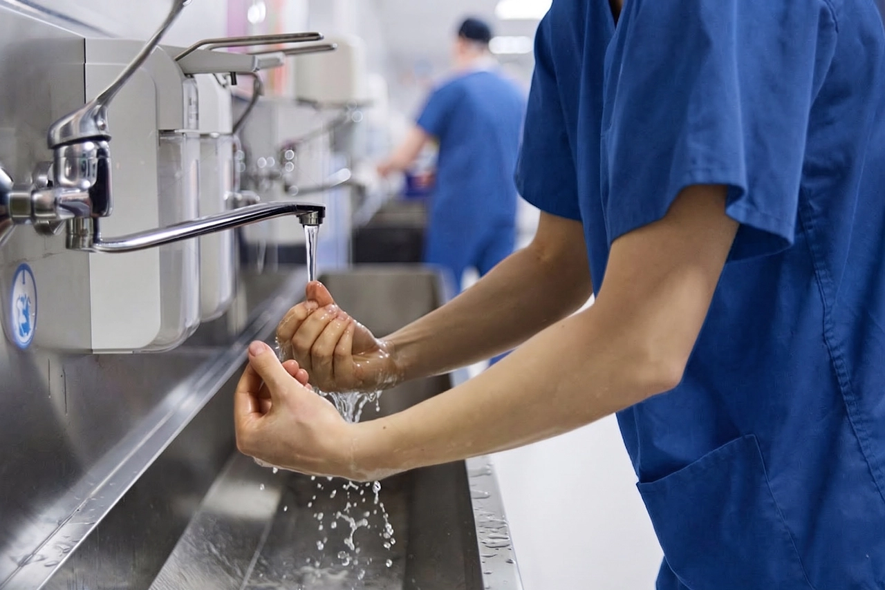 Especialista lavándose las manos en un hospital, antes de realizar cualquier procedimiento, como parte del control de infecciones.