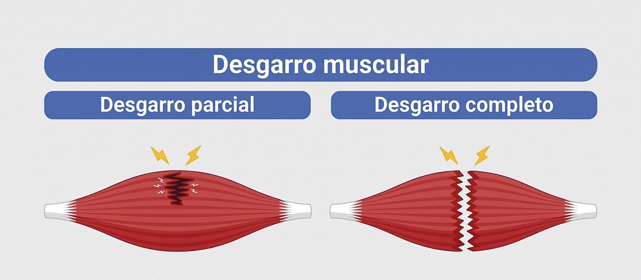 Ilustración que ejemplifica en el desgarro muscular como es uno parcial y uno completo.