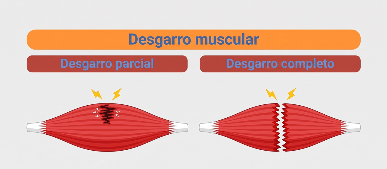 Ilustración que ejemplifica en el desgarro muscular como es uno parcial y uno completo.