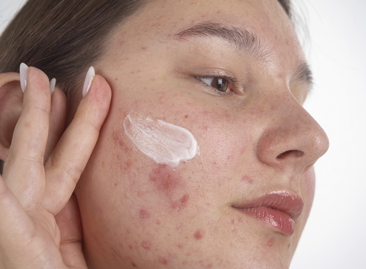 Mujer aplicando en la foliculitis tratamiento en forma de crema en su mejilla, para aliviar los síntomas.