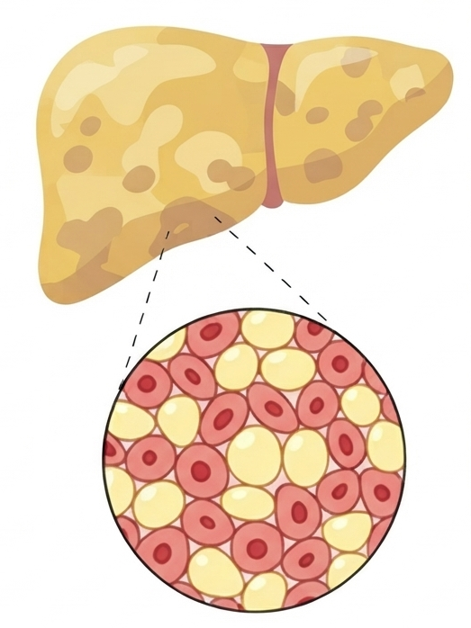 Ilustración de esteatosis hepática y acumulación de grasa celular