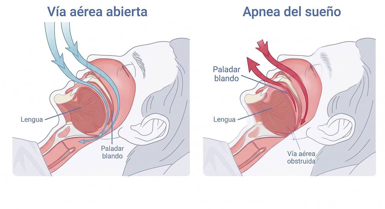 Ilustración sobre cómo se produce la apnea del sueño, una de las principales condiciones que detecta la polisomografía.