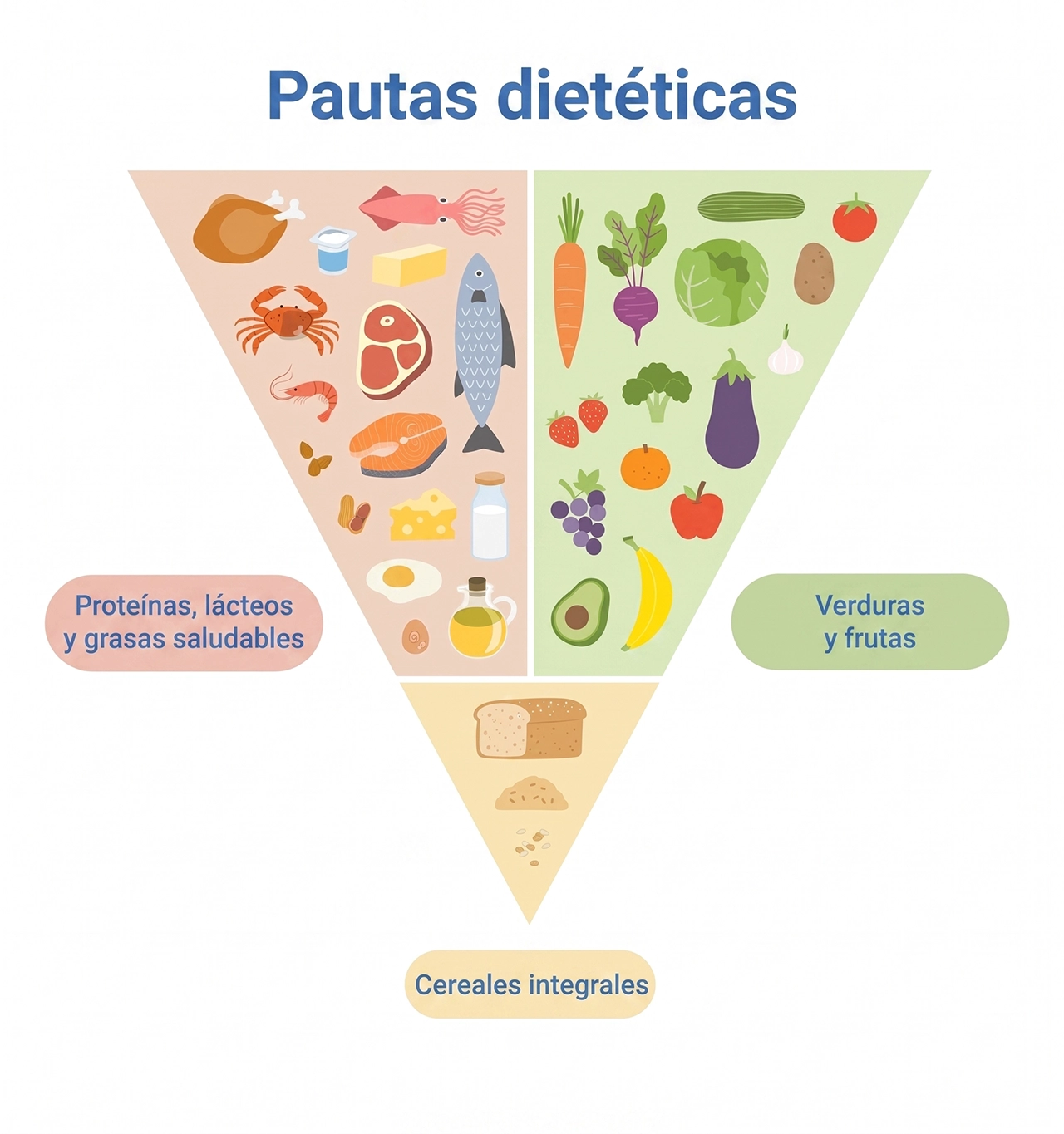 Pirámide alimentaria invertida con proteínas, verduras, frutas y granos, para ejemplificar los componentes en qué es la nutrición. Pirámide alimentaria invertida con proteínas, verduras, frutas y granos, para ejemplificar los componentes en qué es la nutrición.