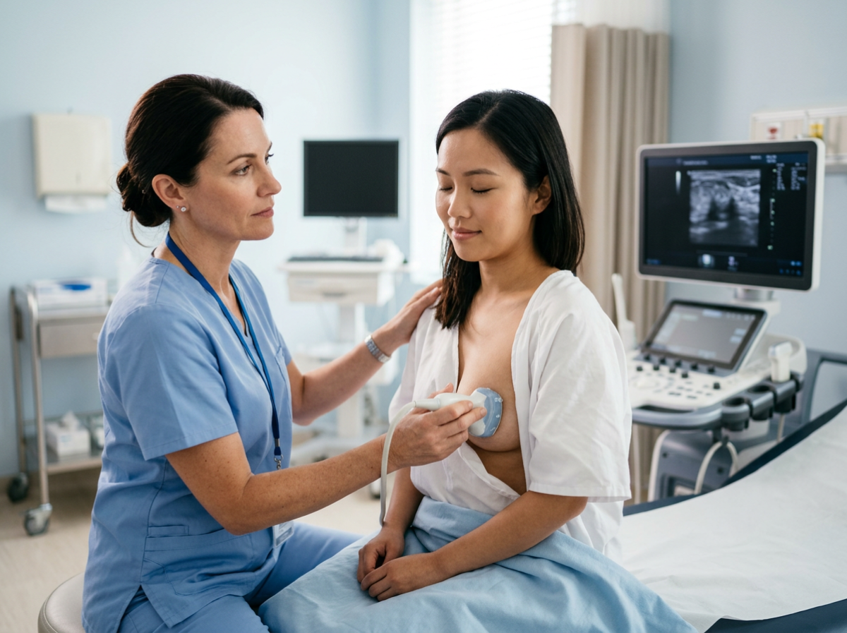 Doctora realizando un ultrasonido mamario de diagnóstico a una paciente Doctora realizando un ultrasonido mamario de diagnóstico a una paciente