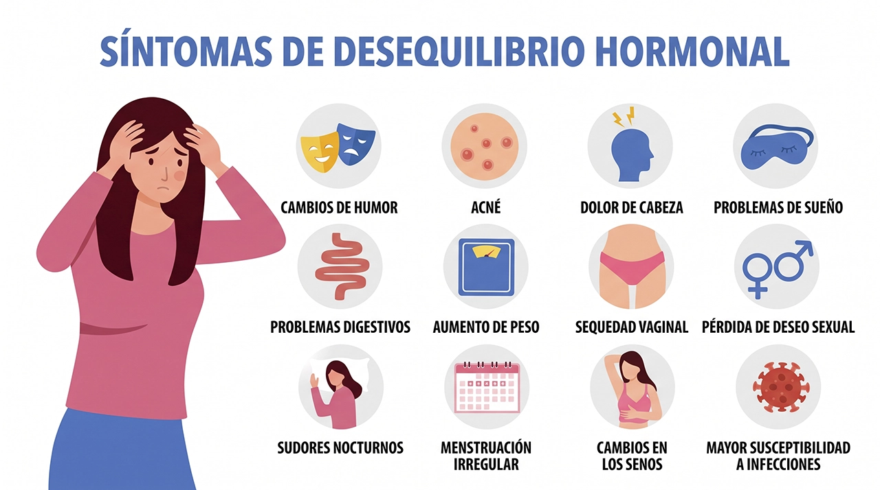 Ilustración que representa los diversos síntomas que se pueden llegar a presentar por los cambios hormonales en la mujer.