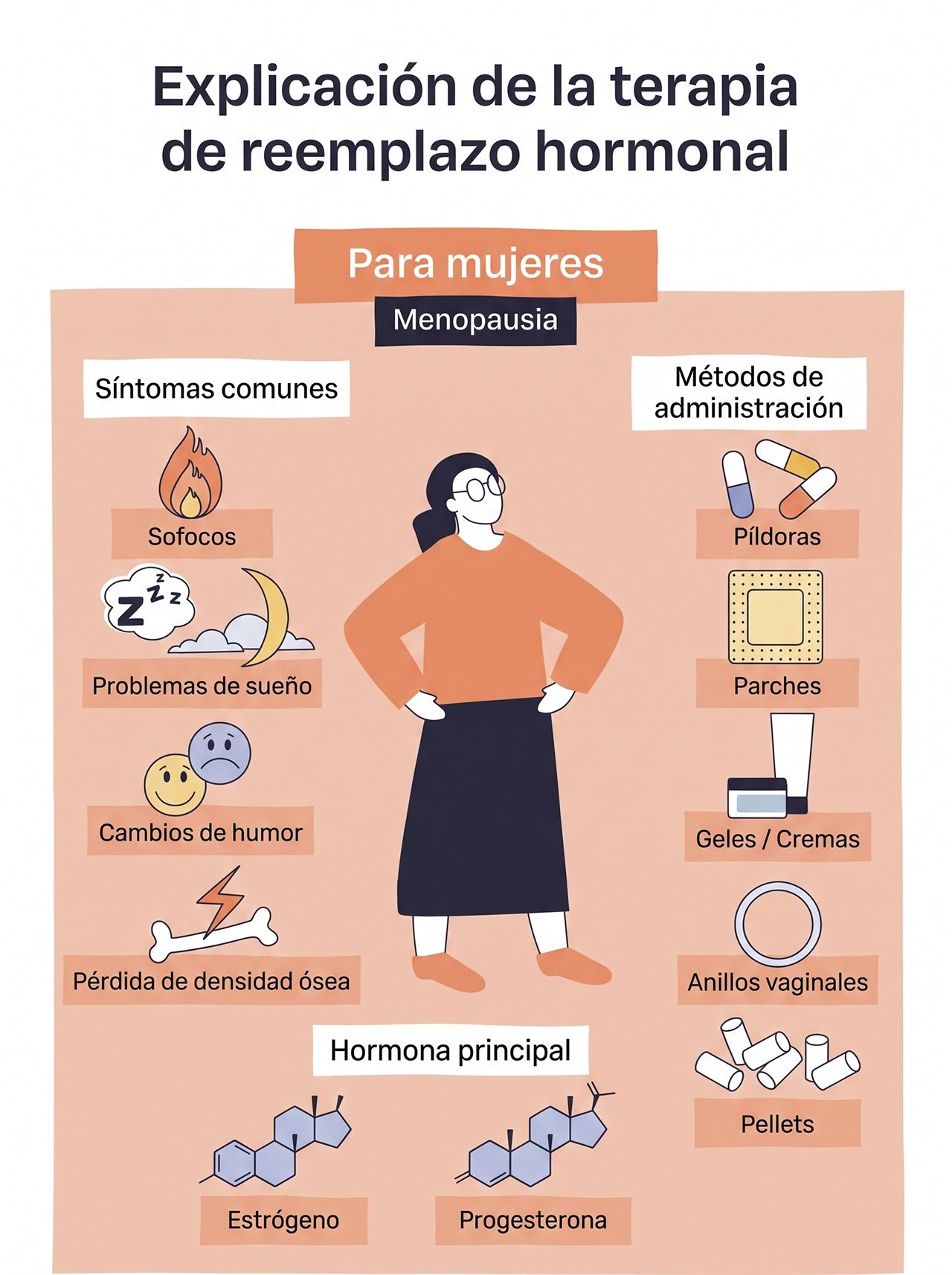 Ilustración que ejemplifica los diversos tratamientos que se pueden emplear a raíz de los cambios hormonales en la mujer. Ilustración que ejemplifica los diversos tratamientos que se pueden emplear a raíz de los cambios hormonales en la mujer.