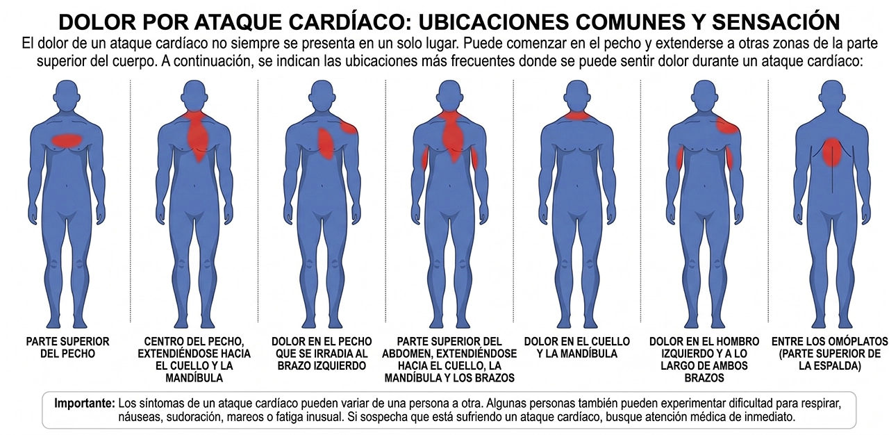 Ilustración que indica zonas que se pueden ver afectadas por un evento cardiovascular como dolor de mandíbula infarto.