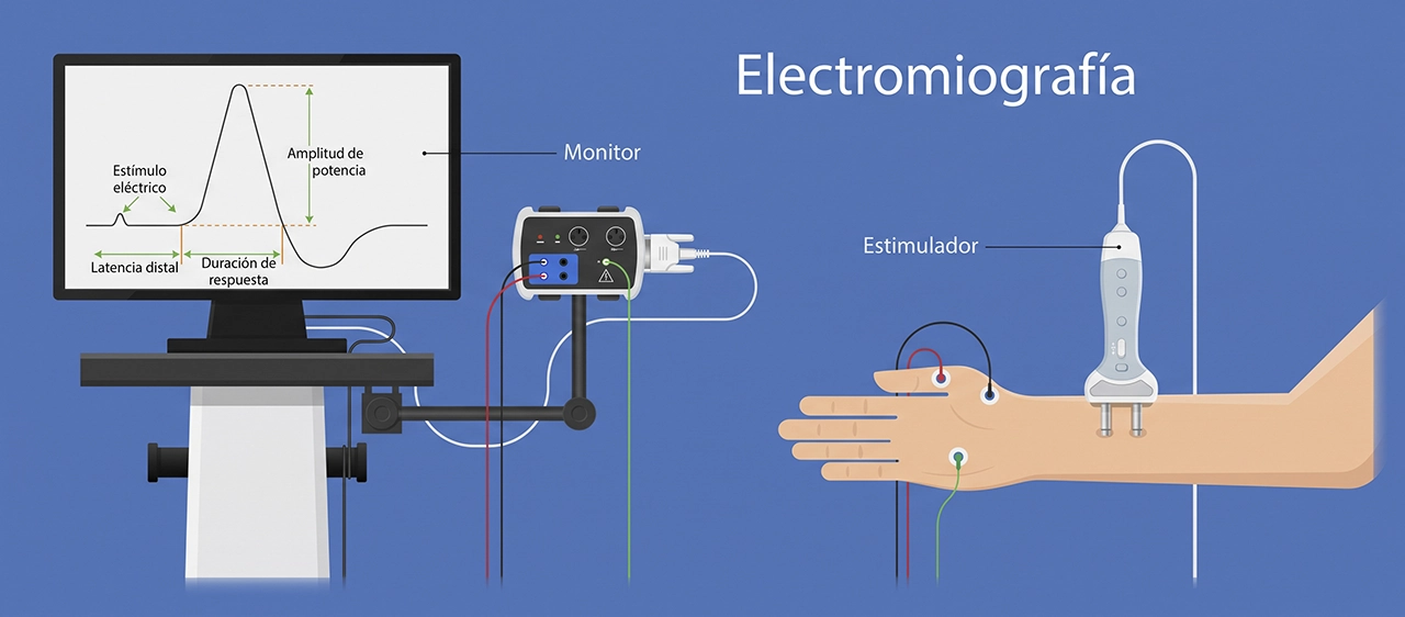 Ilustración que ejemplifica cómo se realiza la electromiografía en una persona.