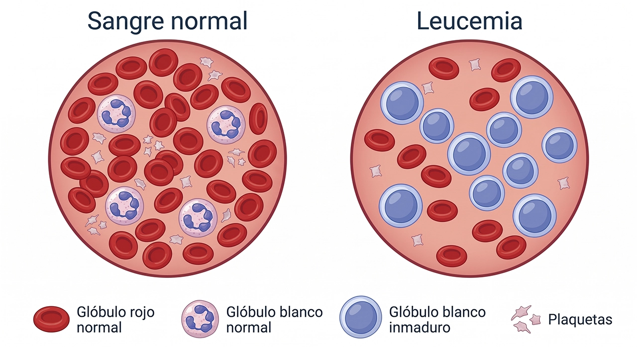 Ilustración que representa en la leucemia en niños y adultos cómo se visualiza la sangre normal y la sangre con leucemia.