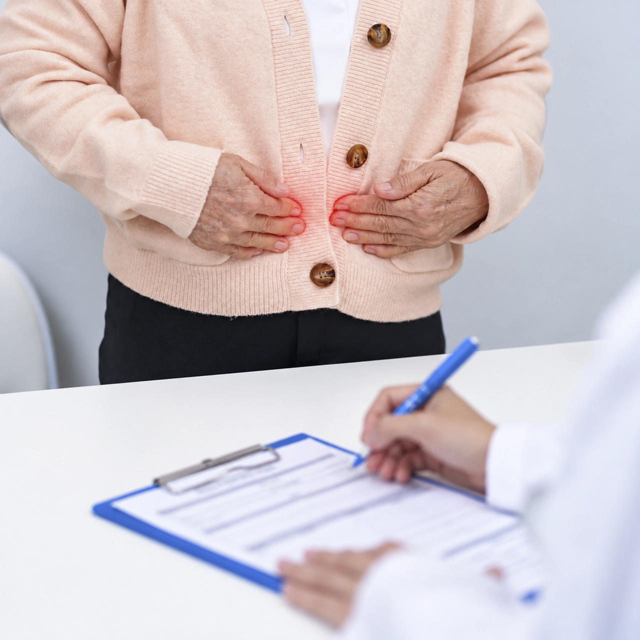 Paciente con dolor abdominal en consulta médica, síntoma clave entre las alertas de cáncer de colon y digestivo. Paciente con dolor abdominal en consulta médica, síntoma clave entre las alertas de cáncer de colon y digestivo.