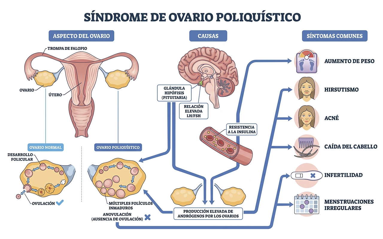 Diagrama de cómo se presenta y los efectos que genera el síndrome de ovario poliquístico en la mujer.